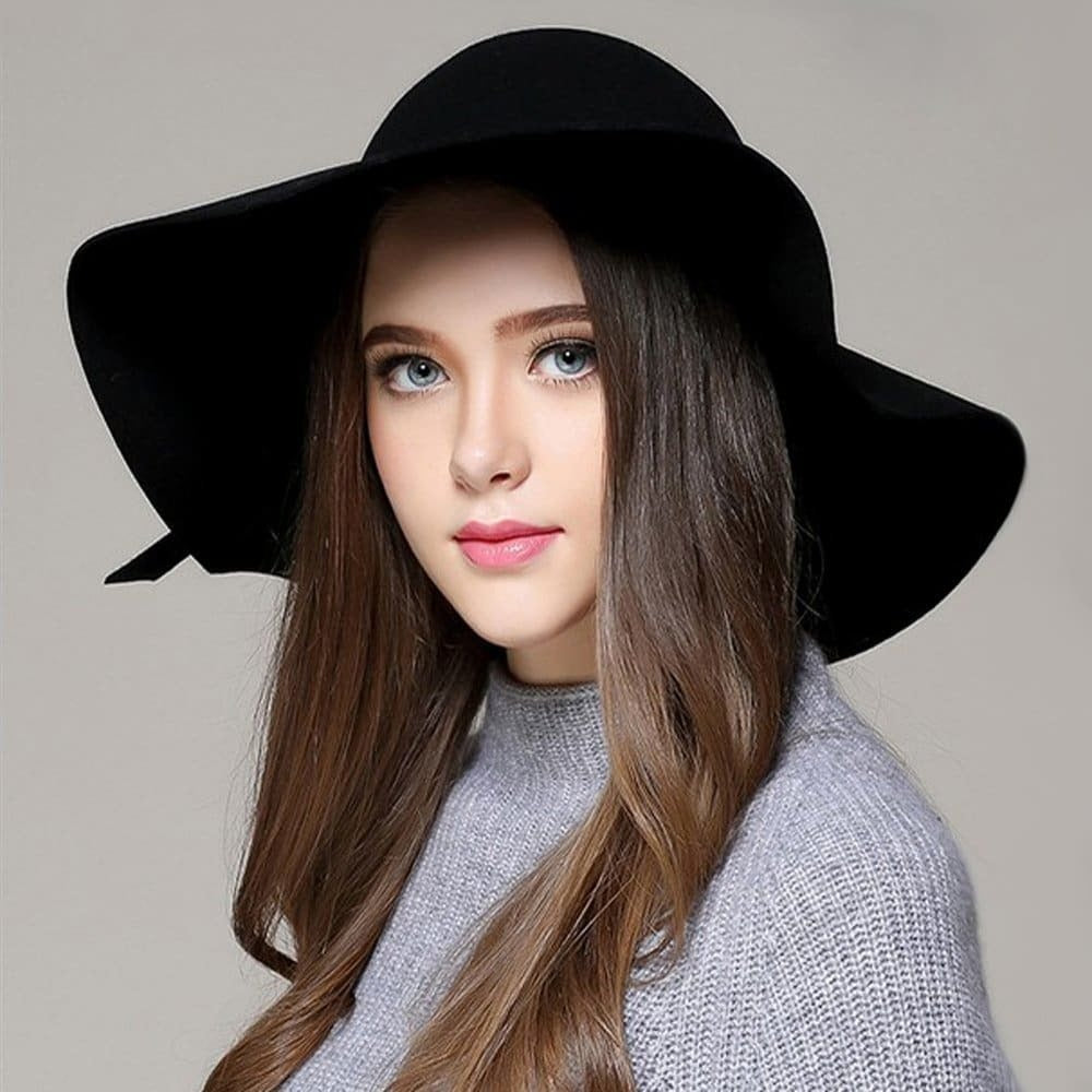 Ladies Fashion Party Hat Stylish Wool Felt Wide Brim Hat-0